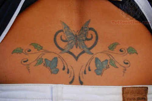 Blue Ink Butterflies And Heart Tattoo On Lowerback